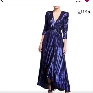 Retrofete Flora Metallic Wrap Dress High Low Ruffle 3/4 Sleeve Royal Blue Size L